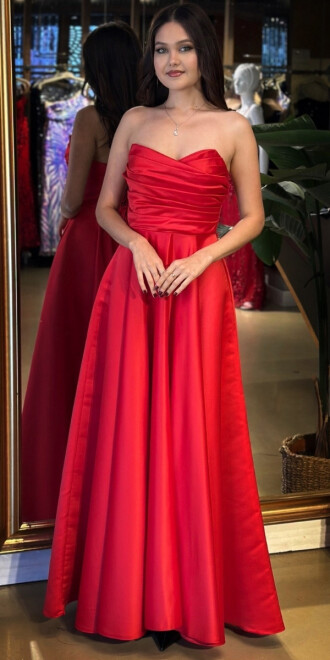 Kırmızı Straplez Yaka Sırt Dekolteli Kloş Etekli Saten Uzun Abiye Elbise 11120-03 - abiyeniall