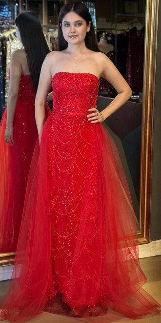 Kırmızı Straplez Yaka Tül Pelerin Etekli Pullu Boncuklu Uzun Abiye Elbise 7705 - abiyeniall