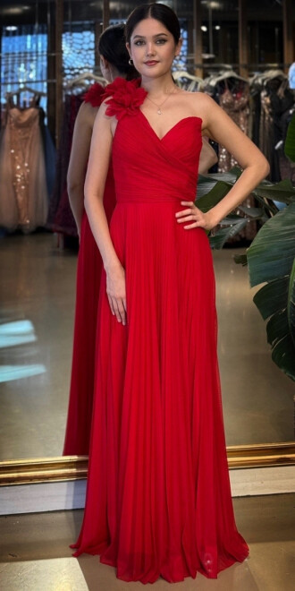 Kırmızı Tek Omuzlu Kloş Etekli Şifon Tül Uzun Abiye Elbise 11081-05 - abiyeniall