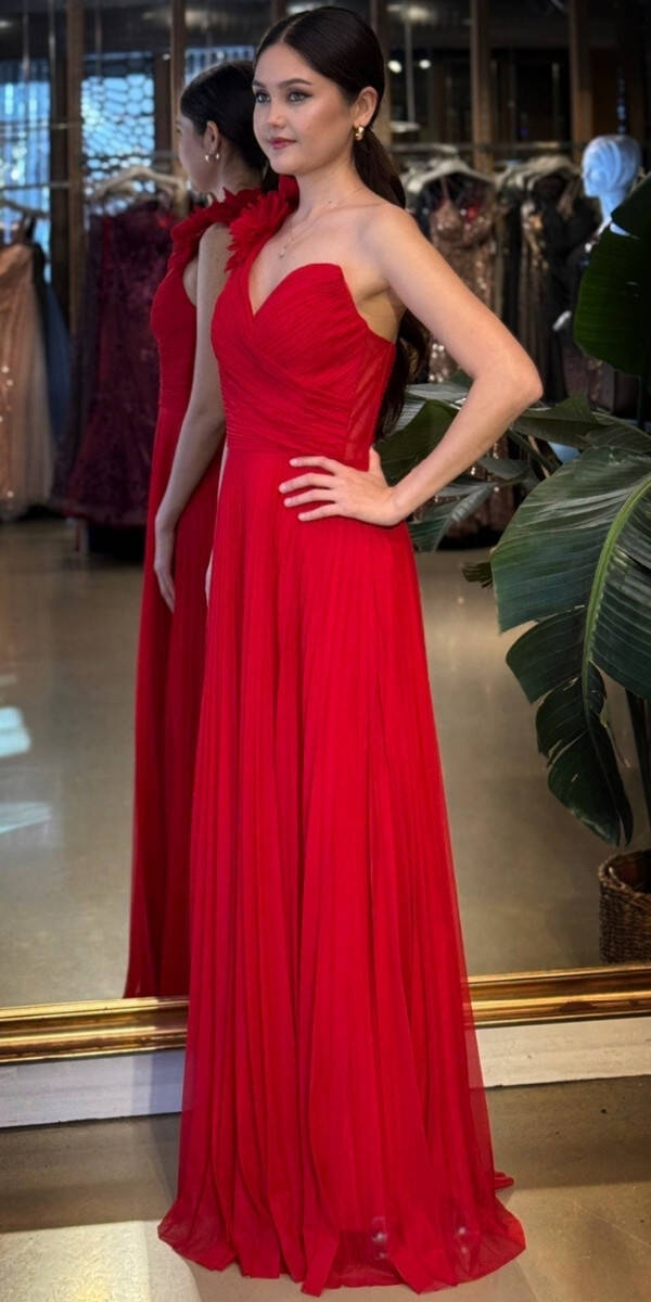 Kırmızı Tek Omuzlu Kloş Etekli Şifon Tül Uzun Abiye Elbise 11081-05 - 2