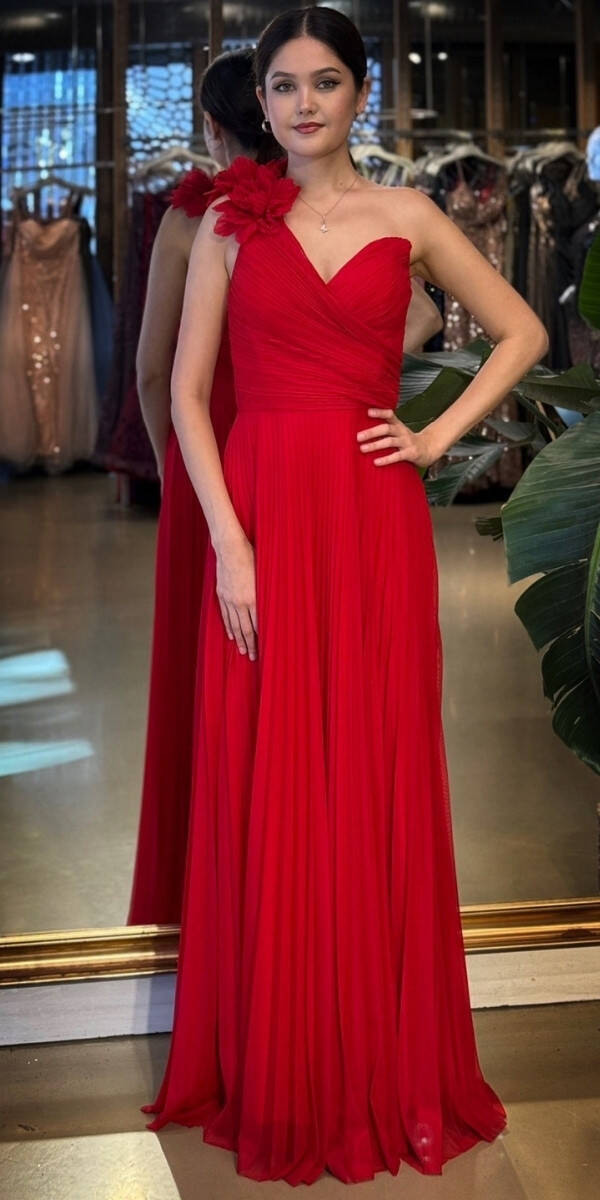 Kırmızı Tek Omuzlu Kloş Etekli Şifon Tül Uzun Abiye Elbise 11081-05 - 1
