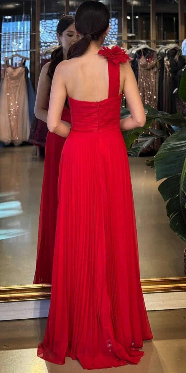 Kırmızı Tek Omuzlu Kloş Etekli Şifon Tül Uzun Abiye Elbise 11081-05 - 5