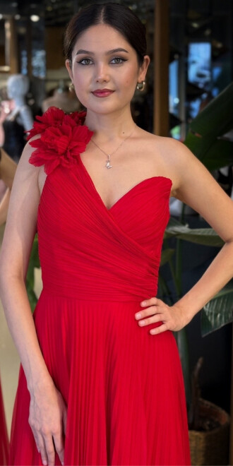 Kırmızı Tek Omuzlu Kloş Etekli Şifon Tül Uzun Abiye Elbise 11081-05 - 3