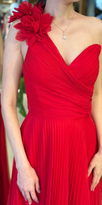 Kırmızı Tek Omuzlu Kloş Etekli Şifon Tül Uzun Abiye Elbise 11081-05 - 4