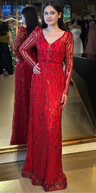 Kırmızı Uzun Kollu V Yaka Düz Kesim Pullu Boncuklu Uzun Abiye Elbise 11057 - abiyeniall