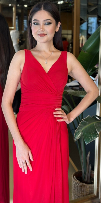 Kırmızı V Yaka Kalın Askı Anvelop Yırtmaçlı Düz Kesim Likralı Tül Uzun Abiye Elbise 11123-02 - 3