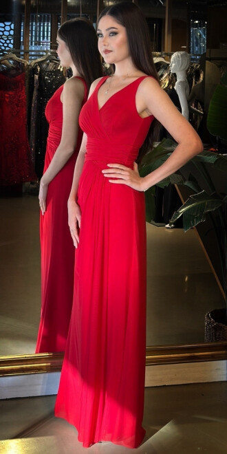 Kırmızı V Yaka Kalın Askı Anvelop Yırtmaçlı Düz Kesim Likralı Tül Uzun Abiye Elbise 11123-02 - 2