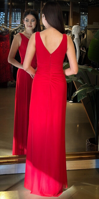 Kırmızı V Yaka Kalın Askı Anvelop Yırtmaçlı Düz Kesim Likralı Tül Uzun Abiye Elbise 11123-02 - 5