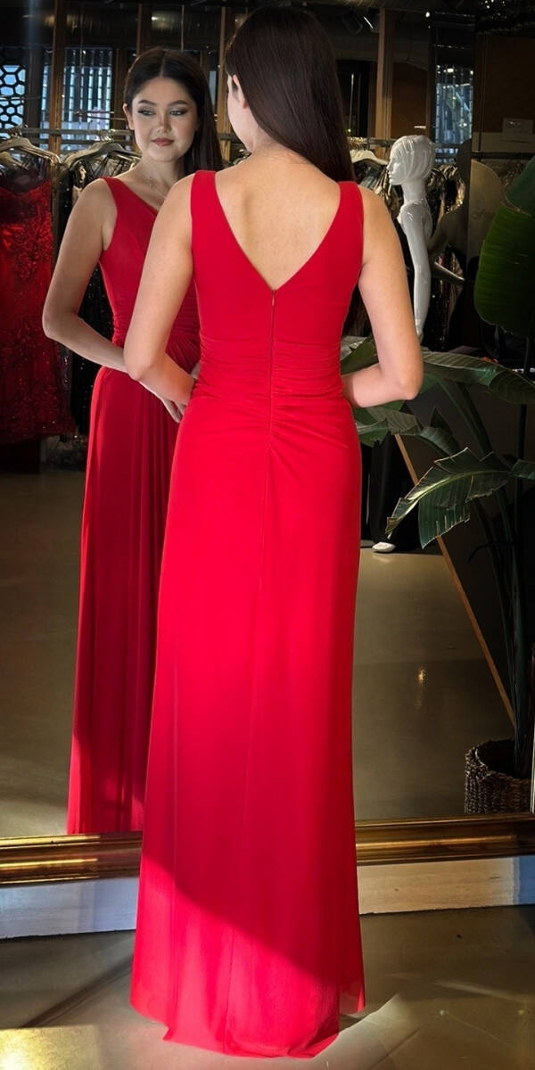 Kırmızı V Yaka Kalın Askı Anvelop Yırtmaçlı Düz Kesim Likralı Tül Uzun Abiye Elbise 11123-02 - 5