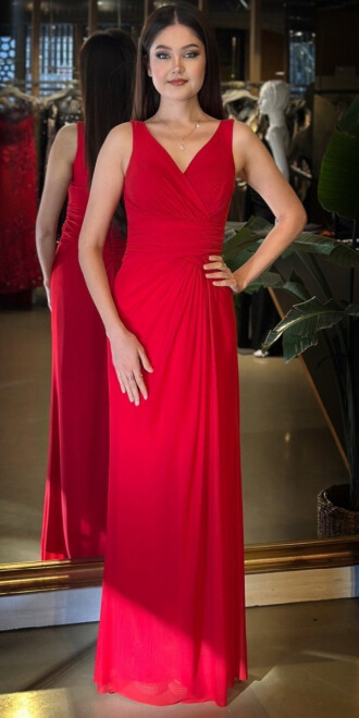 Kırmızı V Yaka Kalın Askı Anvelop Yırtmaçlı Düz Kesim Likralı Tül Uzun Abiye Elbise 11123-02 - abiyeniall