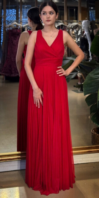 Kırmızı V Yaka Kalın Askı Kloş Etekli Şifon Uzun Abiye Elbise 11098-01 - abiyeniall