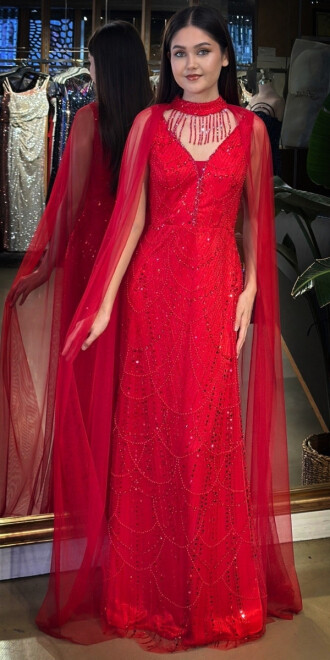 Kırmızı V Yaka Kalın Askı Pelerin Düz Kesim Pullu Boncuklu Uzun Abiye Elbise 11142-01 - abiyeniall