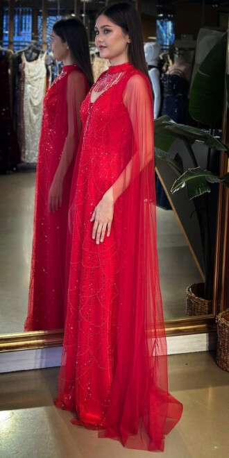 Kırmızı V Yaka Kalın Askı Pelerin Düz Kesim Pullu Boncuklu Uzun Abiye Elbise 11142-01 - 2