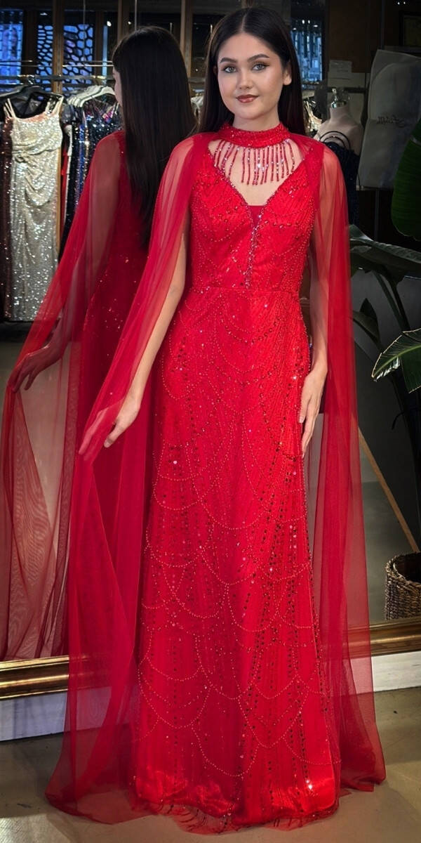 Kırmızı V Yaka Kalın Askı Pelerin Düz Kesim Pullu Boncuklu Uzun Abiye Elbise 11142-01 - 1