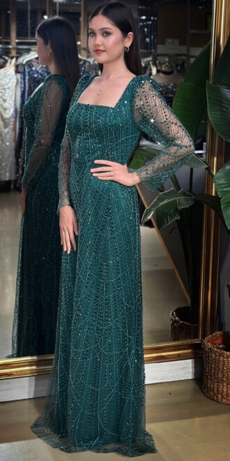 Koyu Yeşil Kare Yaka Uzun Kollu Kloş Etekli Pullu Boncuklu Uzun Abiye Elbise 11047-14 - 2