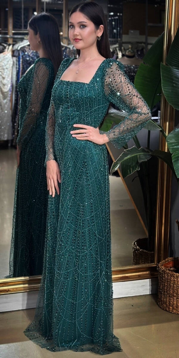 Koyu Yeşil Kare Yaka Uzun Kollu Kloş Etekli Pullu Boncuklu Uzun Abiye Elbise 11047-14 - 2