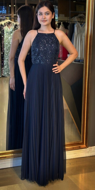 Lacivert İnce Askılı Sırt Dekolteli Kloş Etekli Tül Uzun Abiye Elbise 11049 - abiyeniall