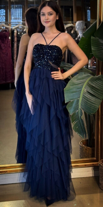 Lacivert İp Askılı Bel Dekolteli Kloş Etekli Likralı Tül Uzun Abiye Elbise 11048-02 - abiyeniall