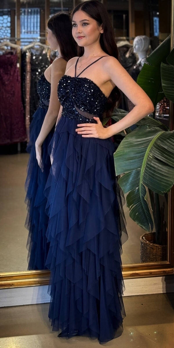 Lacivert İp Askılı Bel Dekolteli Kloş Etekli Likralı Tül Uzun Abiye Elbise 11048-02 - 2