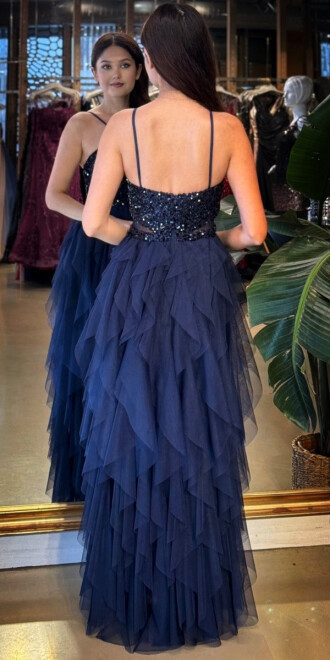 Lacivert İp Askılı Bel Dekolteli Kloş Etekli Likralı Tül Uzun Abiye Elbise 11048-02 - 5