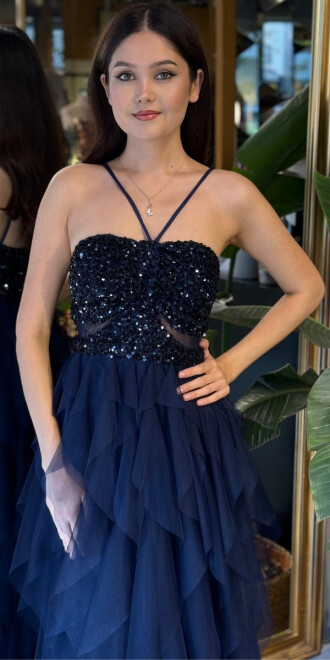 Lacivert İp Askılı Bel Dekolteli Kloş Etekli Likralı Tül Uzun Abiye Elbise 11048-02 - 3