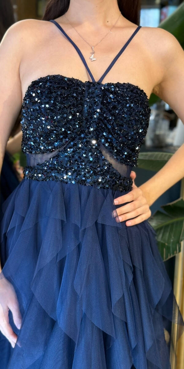 Lacivert İp Askılı Bel Dekolteli Kloş Etekli Likralı Tül Uzun Abiye Elbise 11048-02 - 4