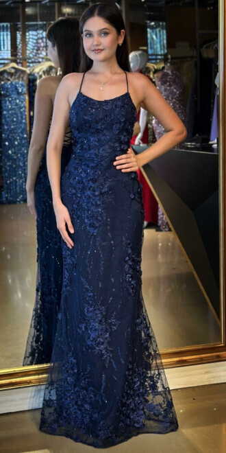 Lacivert İp Askılı Çiçek Detaylı Sırt Dekolteli Düz Kesim Tül Uzun Abiye Elbise 11060 - abiyeniall