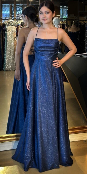 Lacivert İp Askılı Kare Yaka Sırt Dekolteli Kloş Etekli Simli Uzun Abiye Elbise 7780 - abiyeniall