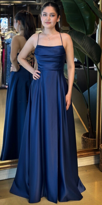 Lacivert İp Askılı Sırt Dekolteli Kloş Etekli Saten Uzun Abiye Elbise 7764 - abiyeniall