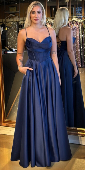 Lacivert İp Askılı Sırt Dekolteli Kloş Etekli Saten Uzun Abiye Elbise 7783 - abiyeniall