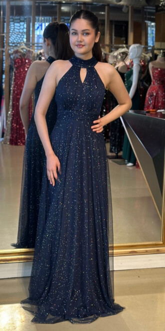 Lacivert Kalın Askılı Simli Uzun Abiye Elbise 95030 - abiyeniall