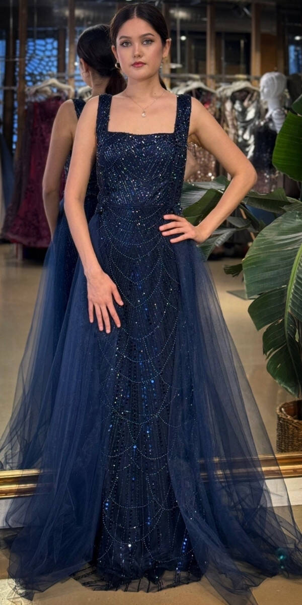 Lacivert Kare Yaka Kalın Askı Çıkarılabilir Kuyruk Pullu Boncuklu Uzun Abiye Elbise 11055-01 - 1