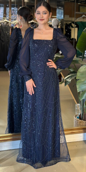 Lacivert Kare Yaka Uzun Kollu Düz Kesim Pullu Boncuklu Uzun Abiye Elbise 11135-02 - abiyeniall