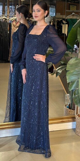 Lacivert Kare Yaka Uzun Kollu Düz Kesim Pullu Boncuklu Uzun Abiye Elbise 11135-02 - 2