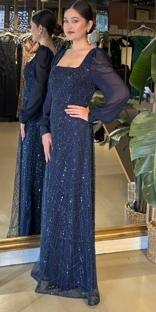 Lacivert Kare Yaka Uzun Kollu Düz Kesim Pullu Boncuklu Uzun Abiye Elbise 11135-02 - 2