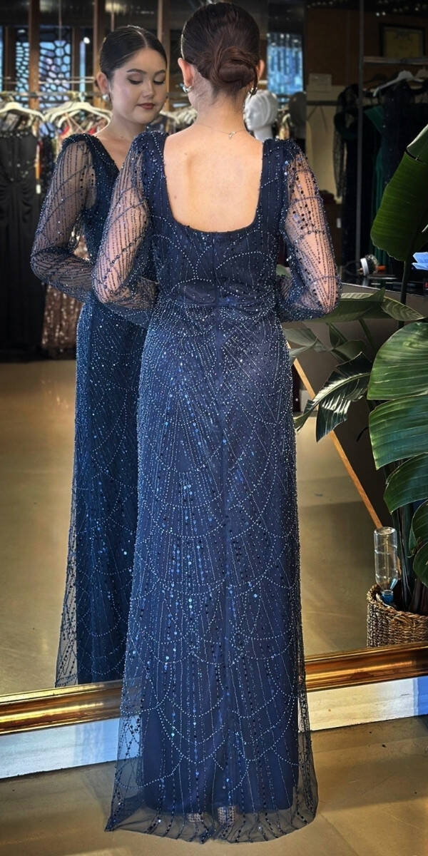 Lacivert Kare Yaka Uzun Kollu Kloş Etekli Pullu Boncuklu Uzun Abiye Elbise 11047-04 - 5