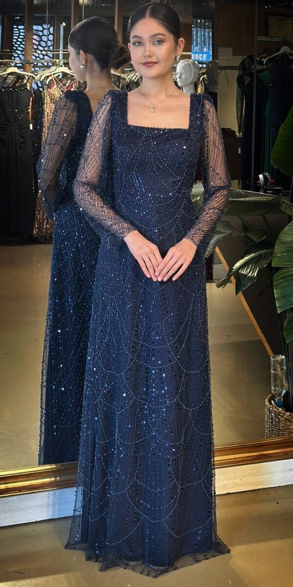 Lacivert Kare Yaka Uzun Kollu Kloş Etekli Pullu Boncuklu Uzun Abiye Elbise 11047-04 - 1