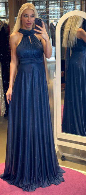 Lacivert Sırt Dekolteli Kloş Etekli Simli Kumaş Uzun Abiye Elbise 6646 - abiyeniall