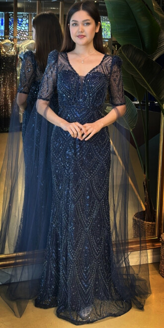 Lacivert Kısa Kollu Pelerin Aksesuarlı Düz Kesim Pullu Boncuklu Uzun Abiye Elbise 7713 - abiyeniall