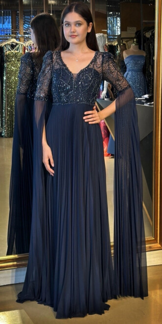 Lacivert Kısa Kollu Tül Detaylı V Yaka Düz Kesim Tül Uzun Abiye Elbise 7761 - abiyeniall