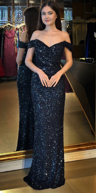 Lacivert Madonna Yaka Düz Kesim Payet Uzun Abiye Elbise 11085 - abiyeniall