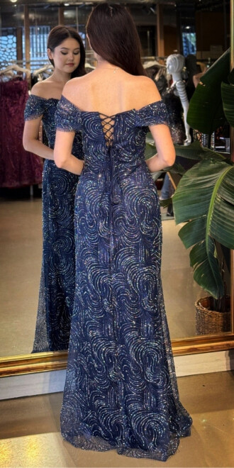 Lacivert Madonna Yaka Sırt Dekolteli Düz Kesim Simli Uzun Abiye Elbise 11113-04 - 5