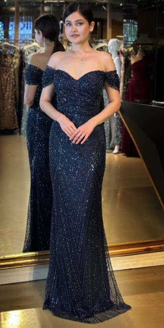 Lacivert Sırt Dekolteli Düz Kesim Pullu Boncuklu Uzun Abiye Elbise 11044 - abiyeniall