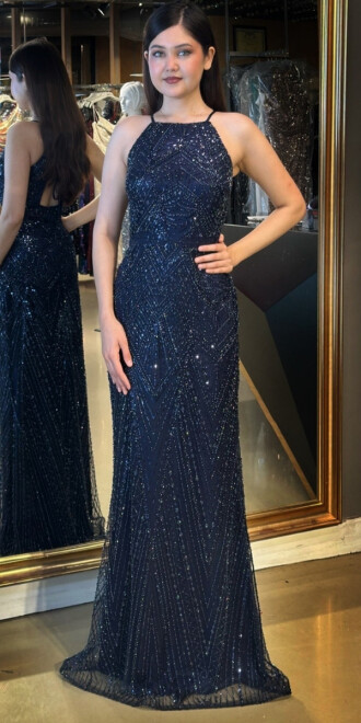 Lacivert Stefanel Yaka Sırt Dekolteli Düz Kesim Pullu Boncuklu Uzun Abiye Elbise 7712 - abiyeniall