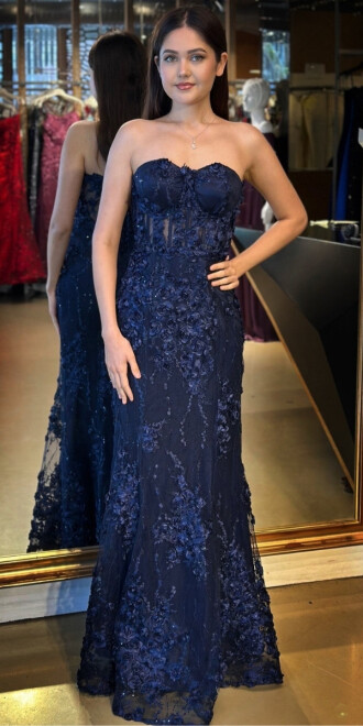 Lacivert Straplez Yaka Bel Dekolteli Düz Kesim Brode Tül Uzun Abiye Elbise 11061 - abiyeniall