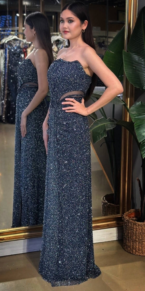 Lacivert Straplez Yaka Bel Dekolteli Düz Kesim Taşlı Uzun Abiye Elbise 11156-03 - 2