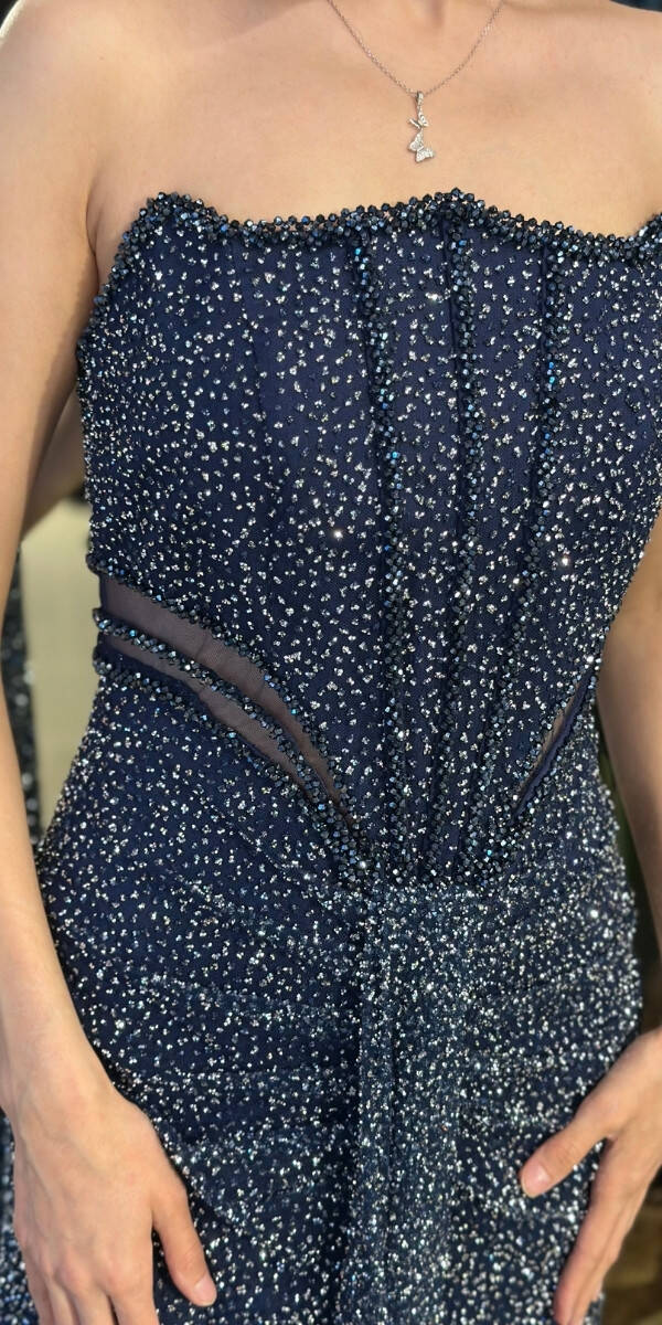 Lacivert Straplez Yaka Bel Dekolteli Düz Kesim Taşlı Uzun Abiye Elbise 11156-03 - 4