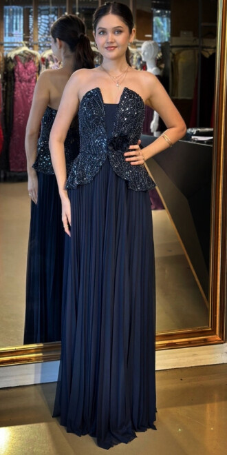 Lacivert Straplez Yaka Çiçek Detaylı Sırt Dekolteli Kloş Etekli Tül Uzun Abiye Elbise 11054 - abiyeniall