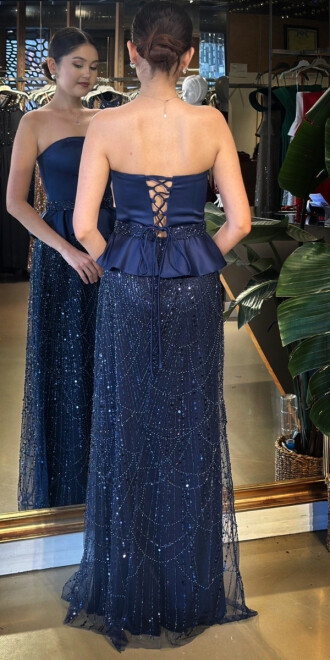 Lacivert Straplez Yaka Kemerli Sırt Dekolteli Düz Kesim Pullu Boncuklu Uzun Abiye Elbise 11141-01 - 5