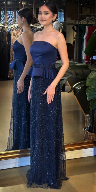 Lacivert Straplez Yaka Kemerli Sırt Dekolteli Düz Kesim Pullu Boncuklu Uzun Abiye Elbise 11141-01 - 2